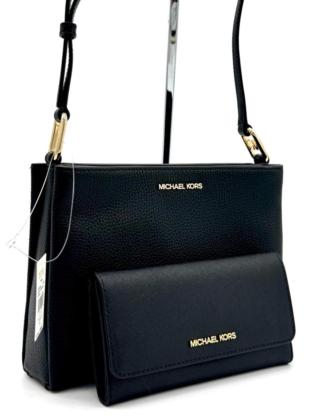 Michael Kors Trisha Medium Crossbody Bag w Matching Trifold Wallet Black/Gold